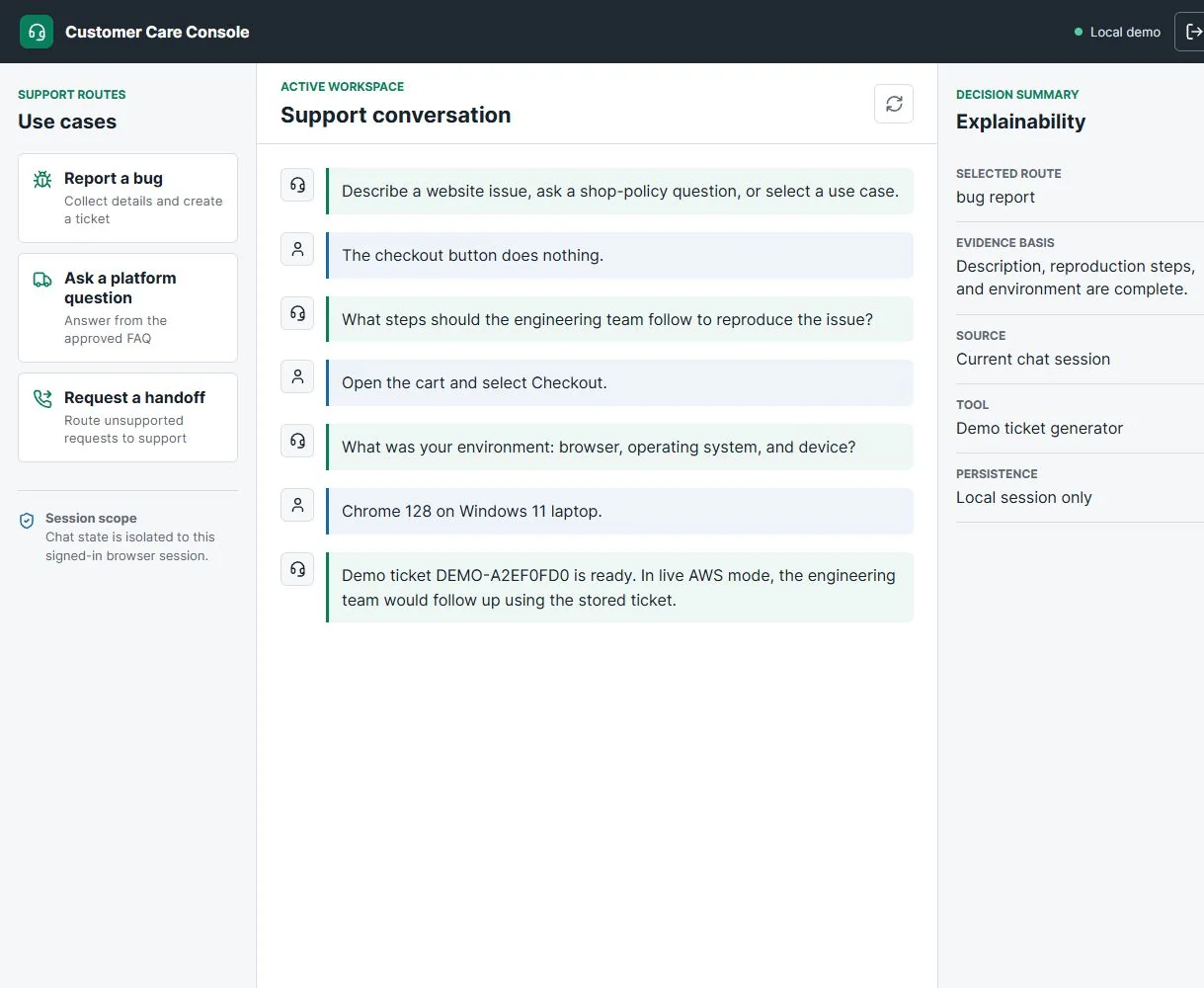 A complete bug report over three turns. The bot asks for reproduction steps and the environment before creating the (demo) ticket.
