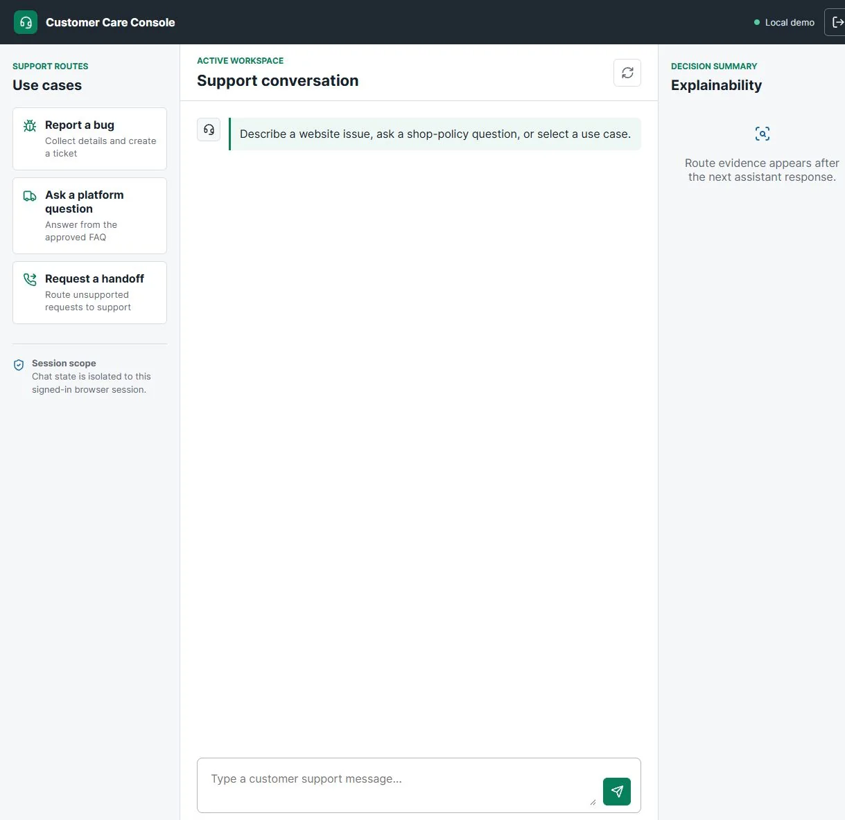 The Customer Care Console before a conversation starts: use cases, workspace and an empty explainability panel.