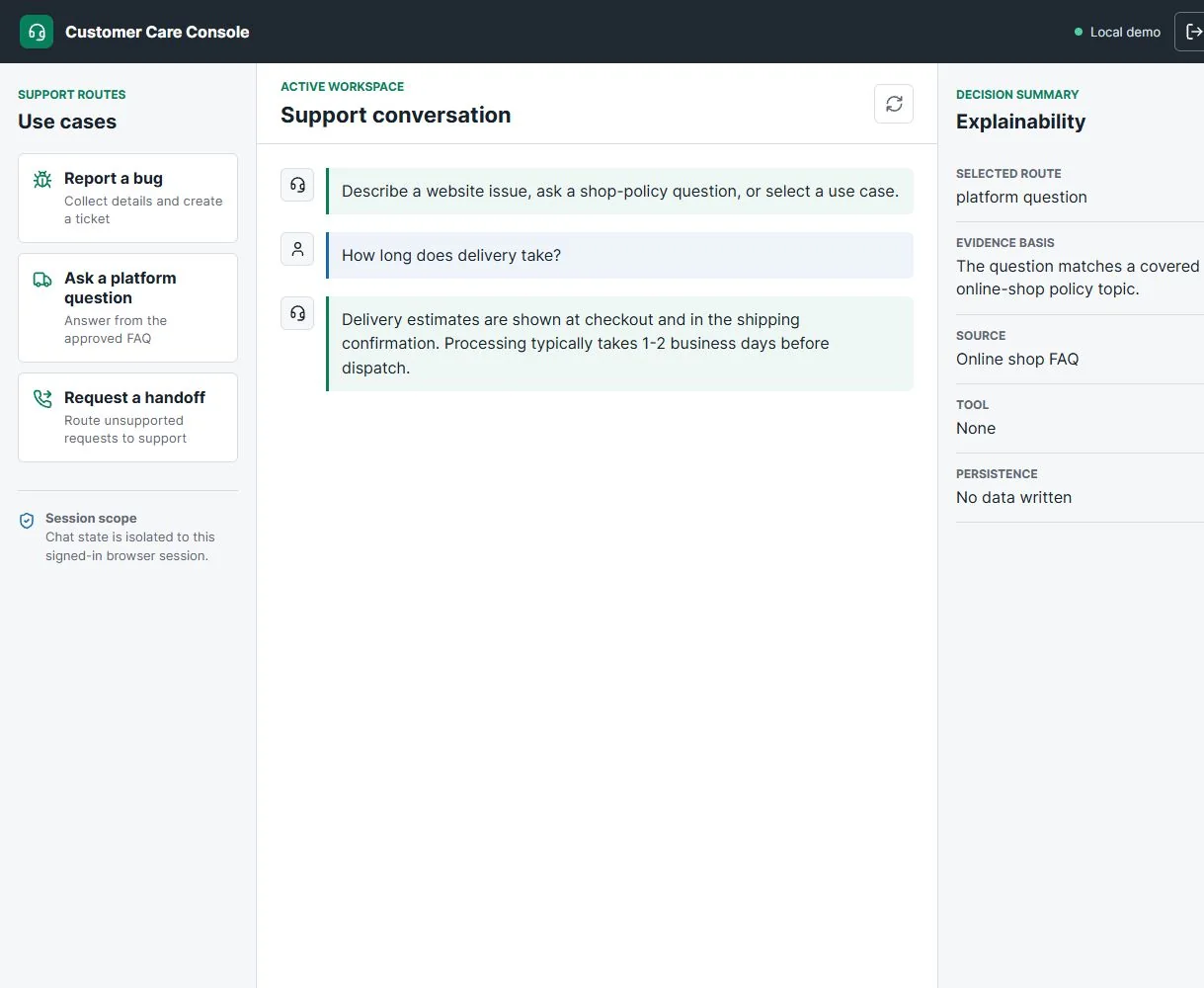 A shop-policy question. The panel shows the platform-question route, the FAQ as the source, no tool and no data written.