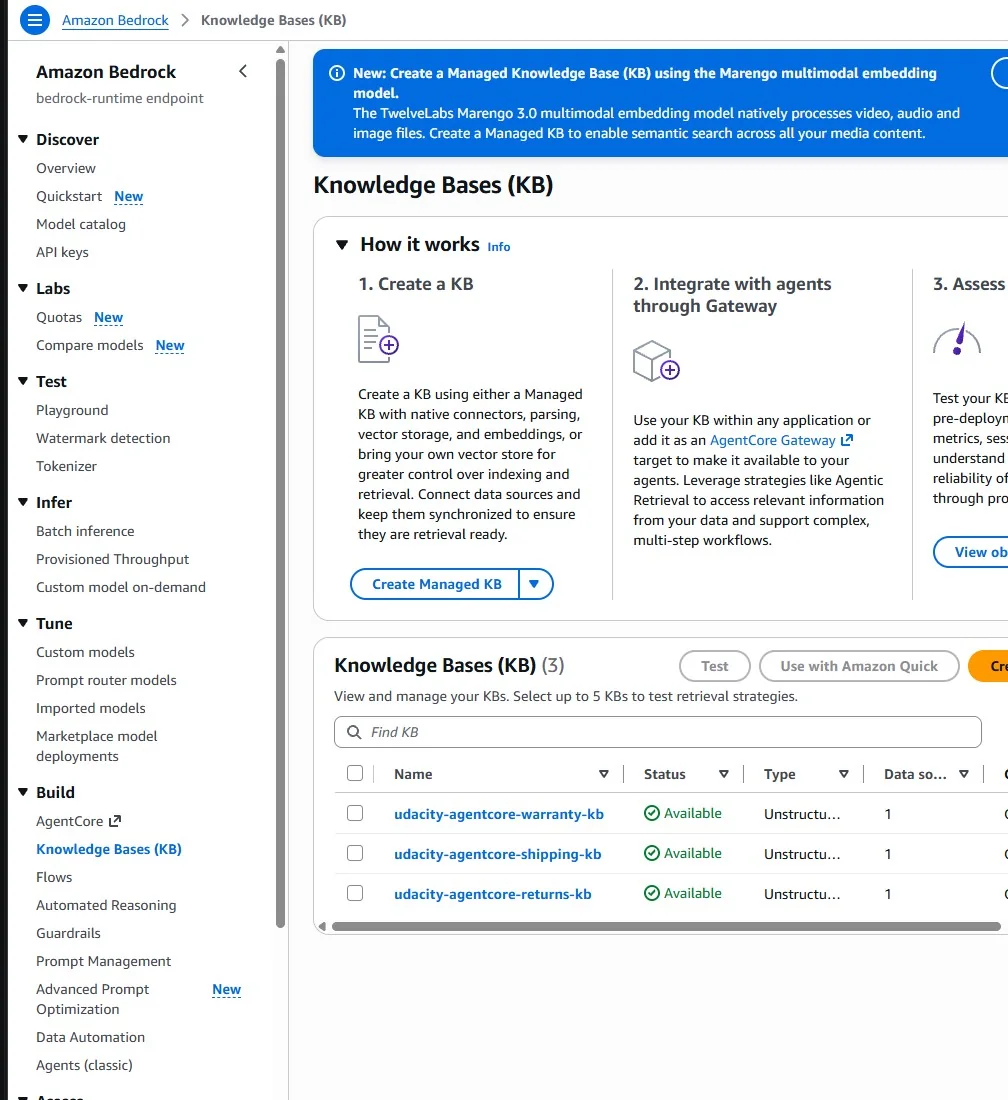 The three synchronised knowledge bases (warranty, shipping, returns) in the Amazon Bedrock console.