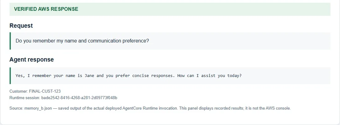Cross-session memory: in a new session the assistant recalls the customer's name and preference for concise replies.