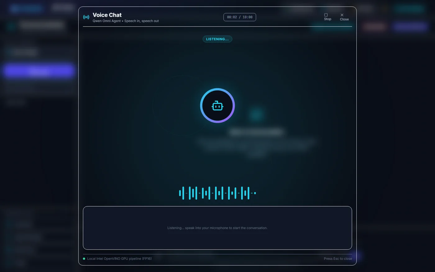 Audio Chat: listening state, waveform and transcript in one viewport.