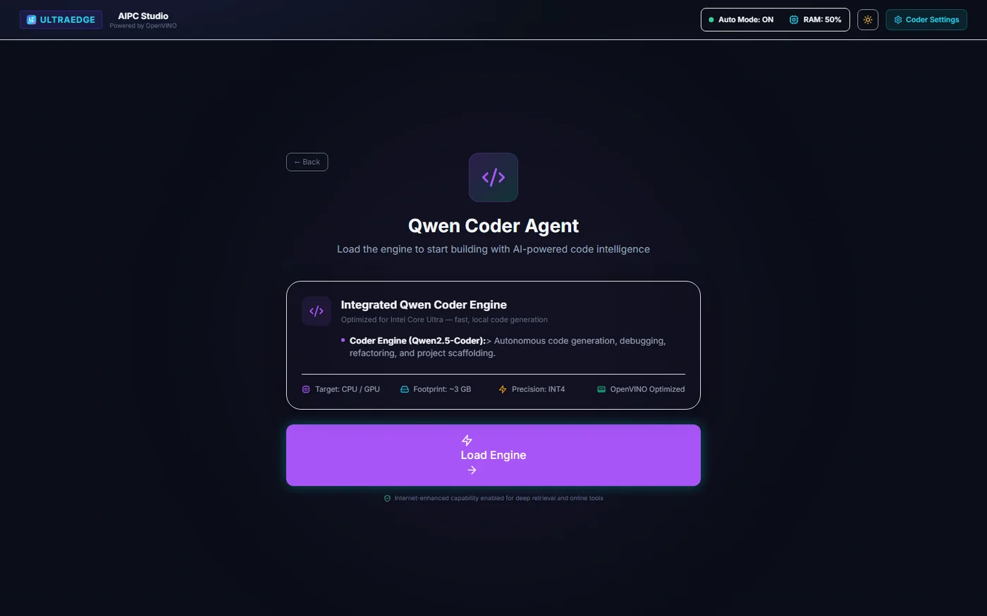 Coding Agent pre-load view, before the file browser and editor open.