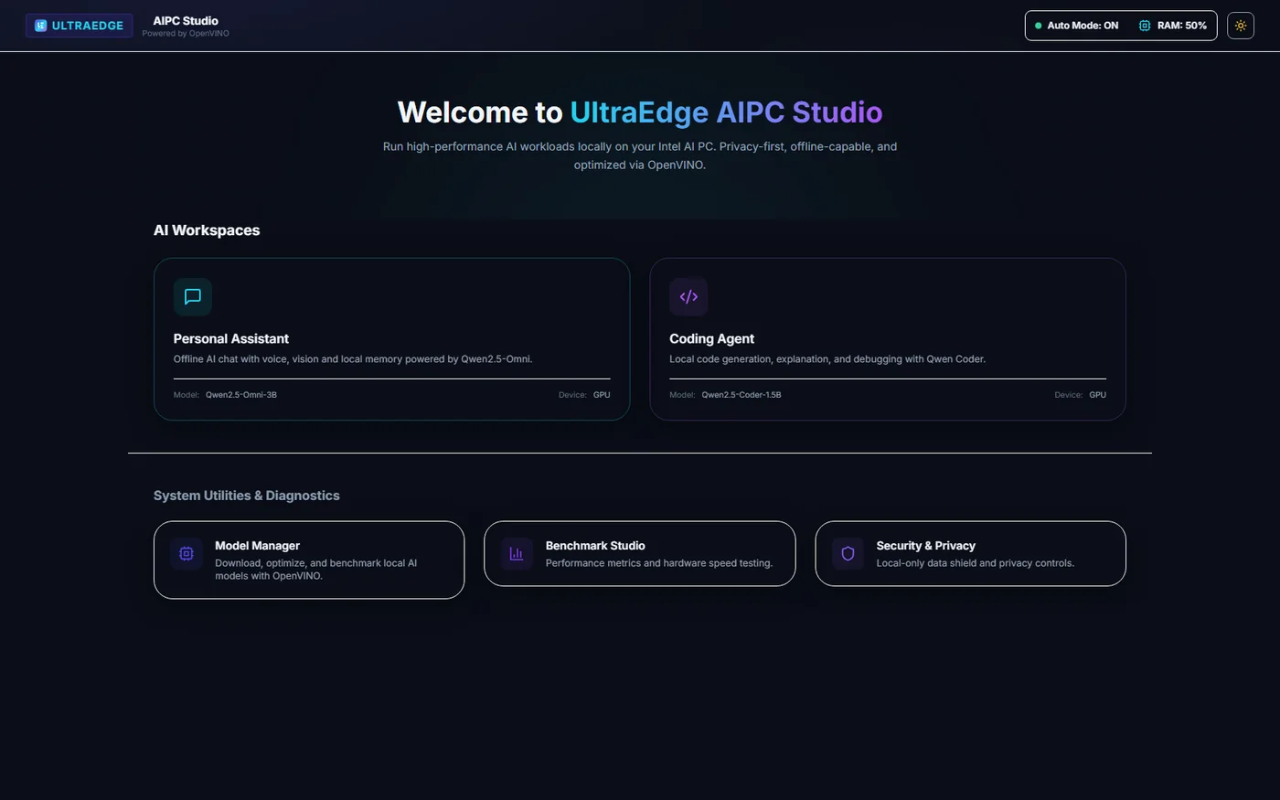 The main dashboard, with entry points to the assistants, model management, benchmarks and security controls.