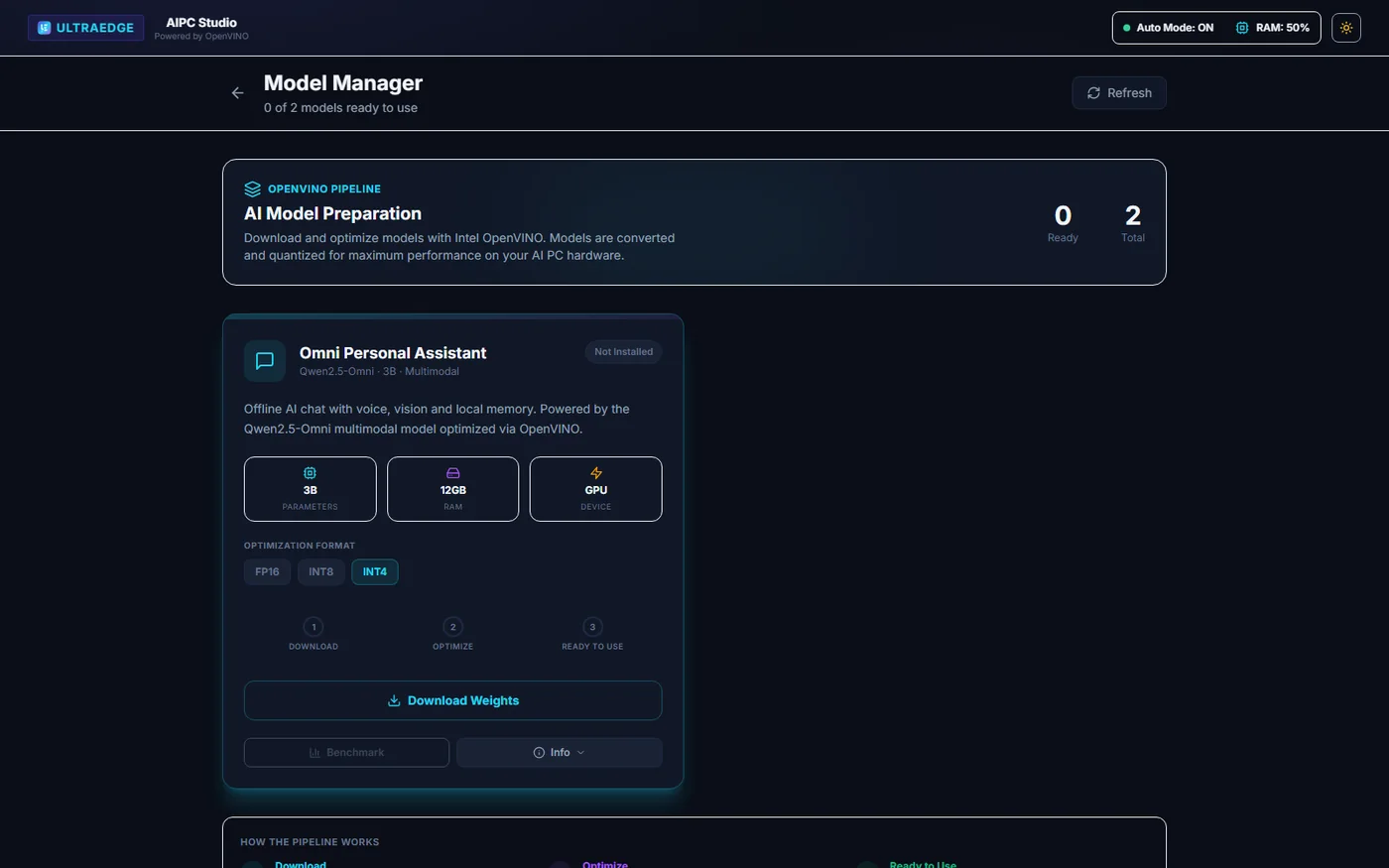The Model Manager: availability, precision, hardware requirements, download state and benchmark actions.