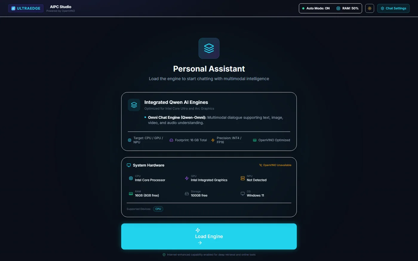 Personal Assistant pre-load view: multimodal engine, devices, precision and memory expectations.