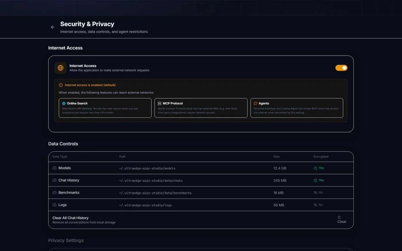 Security and Privacy controls for network access, local data and agent restrictions.