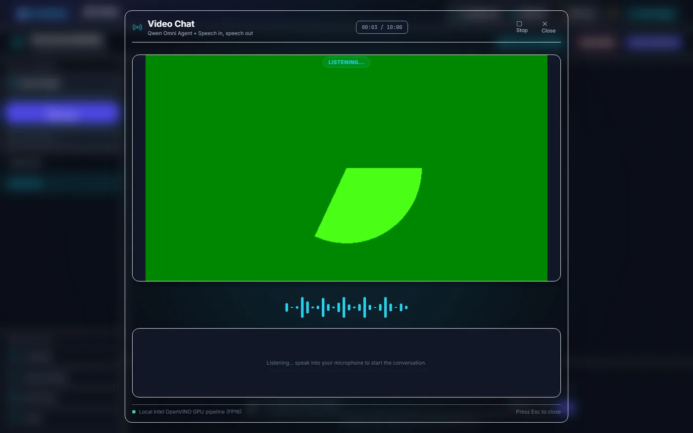 Video Chat with a synthetic camera source used for documentation; a real install shows the selected camera.
