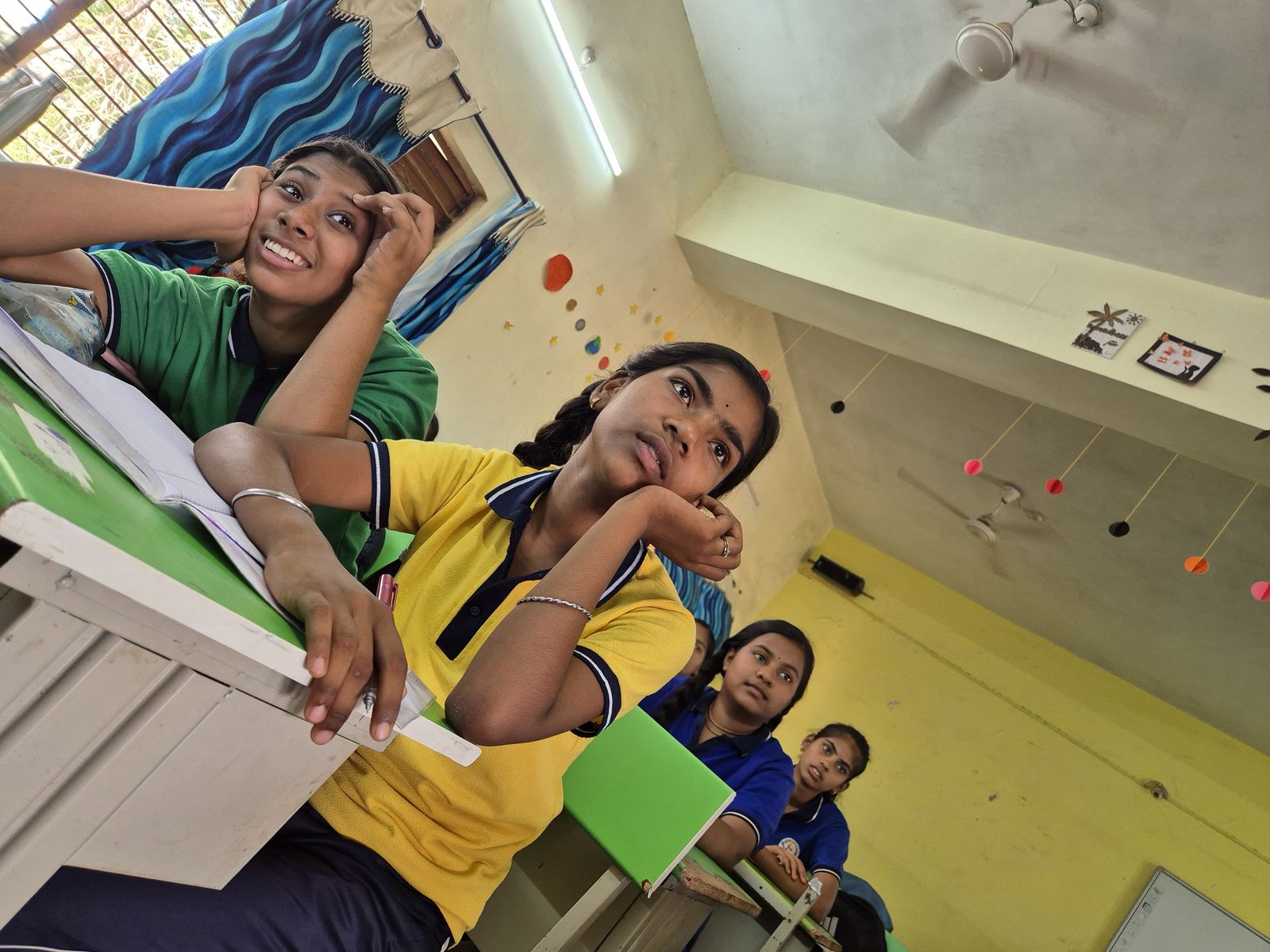 School students in a classroom during the robotics and electronics STEM session, Bhilai